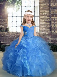 Ball Gowns Pageant Dress for Teens Blue Straps Organza Sleeveless Floor Length Lace Up