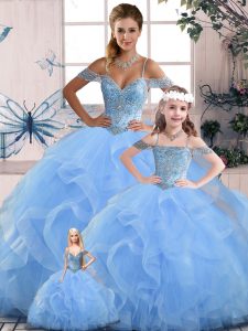 Blue Tulle Lace Up Quince Ball Gowns Sleeveless Floor Length Beading and Ruffles