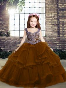Sleeveless Beading Lace Up Pageant Dresses with Brown