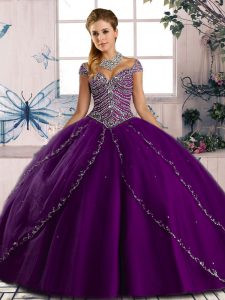 Sweetheart Cap Sleeves Brush Train Lace Up Juniors Party Dress Purple Tulle
