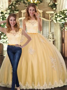 Customized Gold Two Pieces Scoop Sleeveless Tulle Floor Length Clasp Handle Lace and Appliques 15 Quinceanera Dress