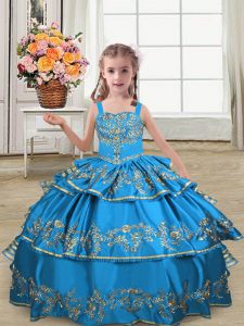 Amazing Blue Lace Up Straps Embroidery and Ruffled Layers Pageant Gowns For Girls Satin Sleeveless