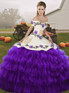 Enchanting White And Purple Sleeveless Floor Length Embroidery and Ruffled Layers Lace Up Vestidos de Quinceanera