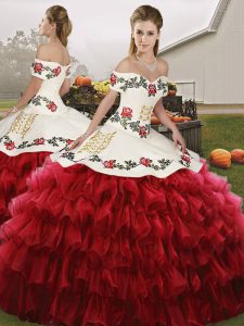 Inexpensive Floor Length Wine Red Quinceanera Gowns Off The Shoulder Sleeveless Lace Up