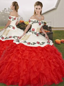 Attractive White And Red Quinceanera Dresses Military Ball and Sweet 16 and Quinceanera with Embroidery and Ruffles Off The Shoulder Sleeveless Lace Up