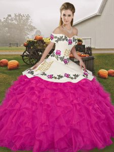 Dazzling Floor Length Lace Up Party Dress Fuchsia for Military Ball and Sweet 16 and Quinceanera with Embroidery and Ruffles