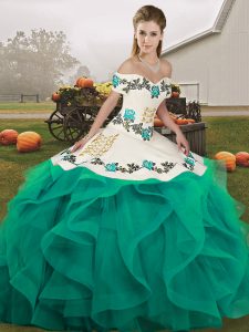 Glamorous Turquoise Sleeveless Embroidery and Ruffles Floor Length Custom Made