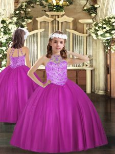 Fuchsia Sleeveless Tulle Lace Up Little Girls Pageant Dress