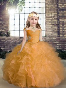 Straps Sleeveless Organza Child Pageant Dress Beading and Ruffles Lace Up