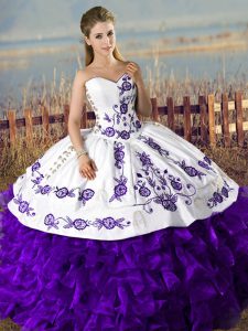 Classical White And Purple Satin and Organza Lace Up Sweetheart Sleeveless Floor Length Vestidos de Quinceanera Embroidery and Ruffles