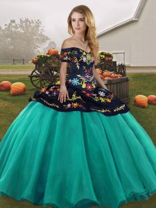 Glamorous Turquoise Off The Shoulder Lace Up Embroidery Quinceanera Dress Sleeveless