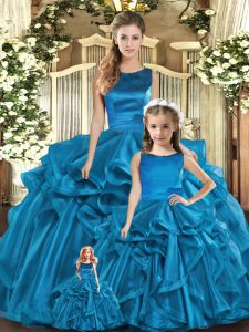 Graceful Floor Length Lace Up Vestidos de Quinceanera Teal for Military Ball and Sweet 16 and Quinceanera with Ruffles