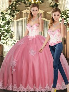 Affordable Sweetheart Sleeveless Sweet 16 Quinceanera Dress Floor Length Beading and Appliques Watermelon Red Tulle