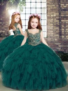 Sleeveless Tulle Floor Length Lace Up Girls Pageant Dresses in Teal with Beading and Ruffles