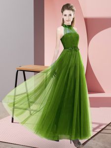 Glorious Floor Length Empire Sleeveless Olive Green Quinceanera Dama Dress Lace Up