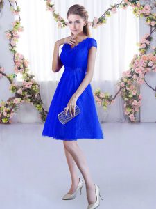 Sophisticated Royal Blue Lace Lace Up Dama Dress Cap Sleeves Mini Length Lace