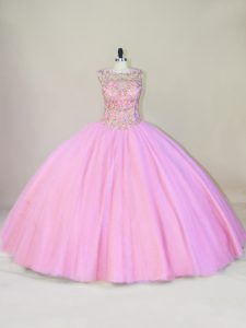 Charming Pink Sleeveless Tulle Lace Up 15th Birthday Dress for Sweet 16 and Quinceanera