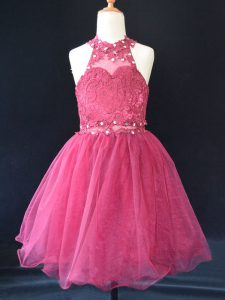 Sweet Organza Halter Top Sleeveless Lace Up Beading and Lace Kids Pageant Dress in Hot Pink