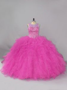 Fuchsia Ball Gowns Scoop Sleeveless Lace Lace Up Beading and Ruffles 15 Quinceanera Dress