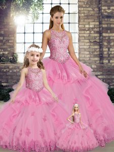 Scoop Sleeveless Tulle Quinceanera Dress Lace and Embroidery and Ruffles Lace Up