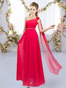 Custom Designed Empire Quinceanera Court of Honor Dress Red One Shoulder Chiffon Sleeveless Floor Length Lace Up