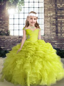 Yellow Green Sleeveless Organza Lace Up Little Girls Pageant Gowns for Party and Wedding Party