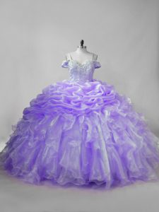 Excellent Sleeveless Organza Brush Train Lace Up Party Dresses in Lavender with Beading and Ruffles and Pick Ups