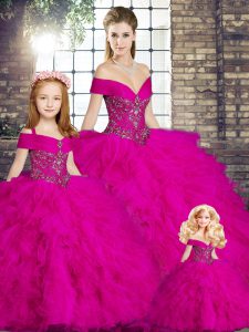Classical Beading and Ruffles Quinceanera Dresses Fuchsia Lace Up Sleeveless Floor Length