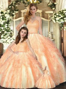 Orange Organza Lace Up Quince Ball Gowns Sleeveless Floor Length Beading and Ruffles