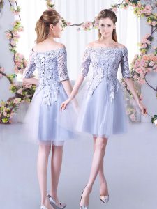 Mini Length Lace Up Court Dresses for Sweet 16 Grey for Wedding Party with Lace