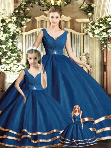 Smart Navy Blue Ball Gowns V-neck Sleeveless Tulle Floor Length Backless Beading and Ruffled Layers Quinceanera Dresses