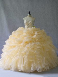 Custom Designed Gold Organza Lace Up Strapless Sleeveless Floor Length Quinceanera Gowns Beading and Ruffles and Pick Ups