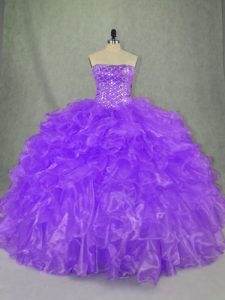 Gorgeous Strapless Sleeveless Quinceanera Dresses Floor Length Beading and Ruffles Purple Organza