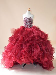Wine Red Little Girls Pageant Dress Wedding Party with Beading and Ruffles Sweetheart Sleeveless Brush Train Lace Up