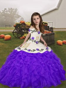 Amazing Straps Sleeveless Little Girls Pageant Dress Wholesale Floor Length Embroidery and Ruffles Purple Organza