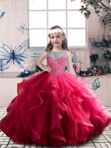 Floor Length Lace Up Little Girl Pageant Dress Coral Red for Party and Sweet 16 and Wedding Party with Beading and Ruffles