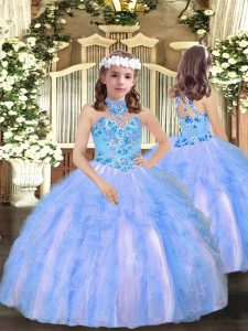 Sleeveless Floor Length Appliques and Ruffles Lace Up Kids Formal Wear with Blue
