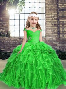 Lovely Green Straps Neckline Beading and Ruffles Little Girls Pageant Dress Wholesale Sleeveless Lace Up