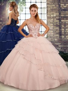 Super Ball Gowns Sleeveless Peach 15 Quinceanera Dress Brush Train Lace Up