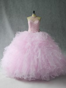 Pink Sweet 16 Dress Sweet 16 and Quinceanera with Beading and Ruffles Halter Top Sleeveless Lace Up
