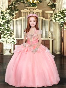Pink Straps Lace Up Beading and Ruffles Pageant Dress Toddler Sleeveless
