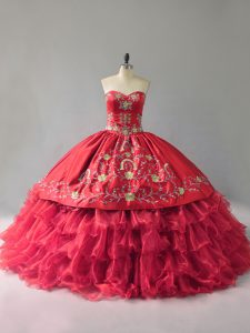Wonderful Ball Gowns Quinceanera Gowns Red Sweetheart Organza Sleeveless Floor Length Lace Up