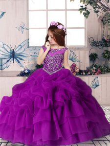 Pretty Purple Sleeveless Beading and Pick Ups Floor Length Little Girl Pageant Gowns
