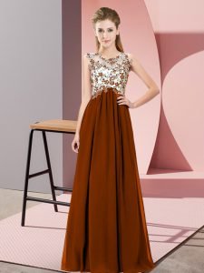 Brown Chiffon Zipper Scoop Sleeveless Floor Length Court Dresses for Sweet 16 Beading and Appliques
