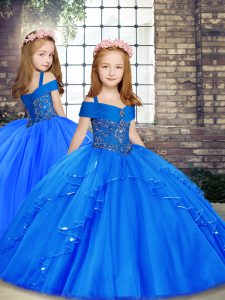 Trendy Blue Ball Gowns Beading Little Girls Pageant Dress Wholesale Lace Up Tulle Sleeveless Floor Length