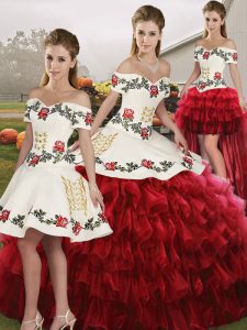 Wine Red Ball Gowns Organza Off The Shoulder Sleeveless Embroidery and Ruffled Layers Floor Length Lace Up Quinceanera Gowns