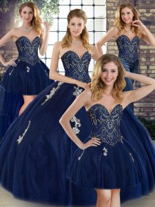 Lovely Navy Blue Sleeveless Tulle Lace Up Quince Ball Gowns for Military Ball and Sweet 16 and Quinceanera