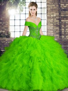 Dramatic Green Tulle Lace Up Off The Shoulder Sleeveless Floor Length Quince Ball Gowns Beading and Ruffles