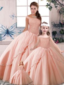 Modest Peach Ball Gowns Beading 15 Quinceanera Dress Lace Up Tulle Sleeveless