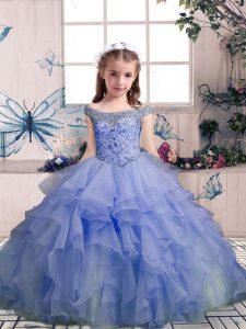 Sleeveless Organza Floor Length Lace Up Pageant Gowns For Girls in Lavender with Beading and Ruffles